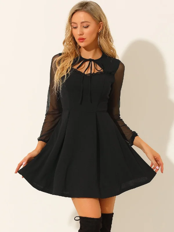 Women's Holiday Clothing Retro Tie Neck Sweetheart A-Line Gothic Mesh Sleeve Mini Dress