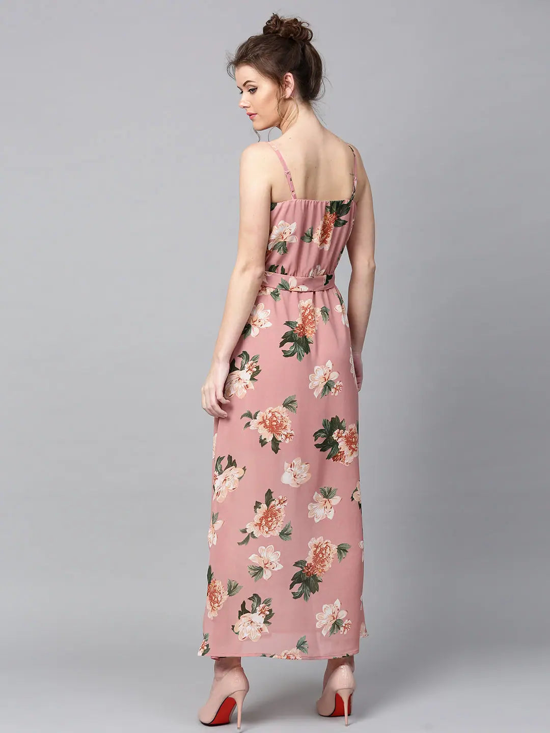 Charming Everyday Clothing For Women Baked Pink Floral Belted Maxi