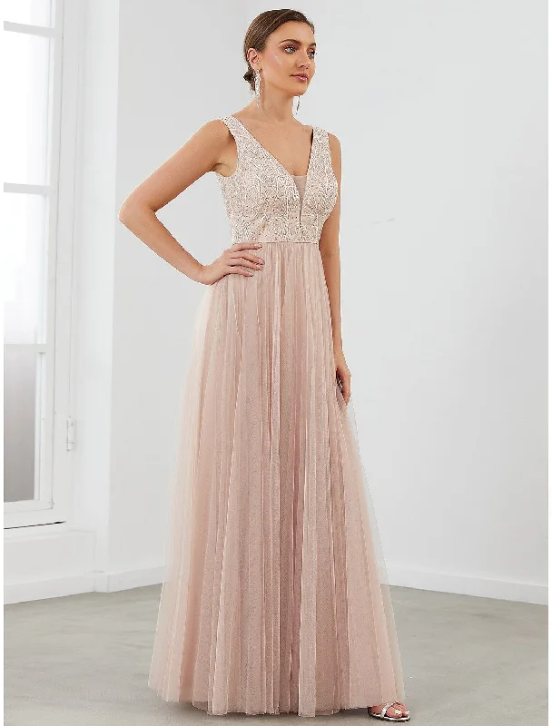 Women's Comfy Attire For Lounging A-Line Evening Gown Elegant Dress Wedding Guest Floor Length Sleeveless V Neck Tulle V Back Sequin Draping