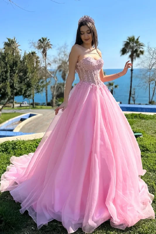 Women's Formal Event Outfit Elegant Lace Wedding Dresses, A-line Newest Long Prom Dresses, Tulle Strapless Bridal Gowns