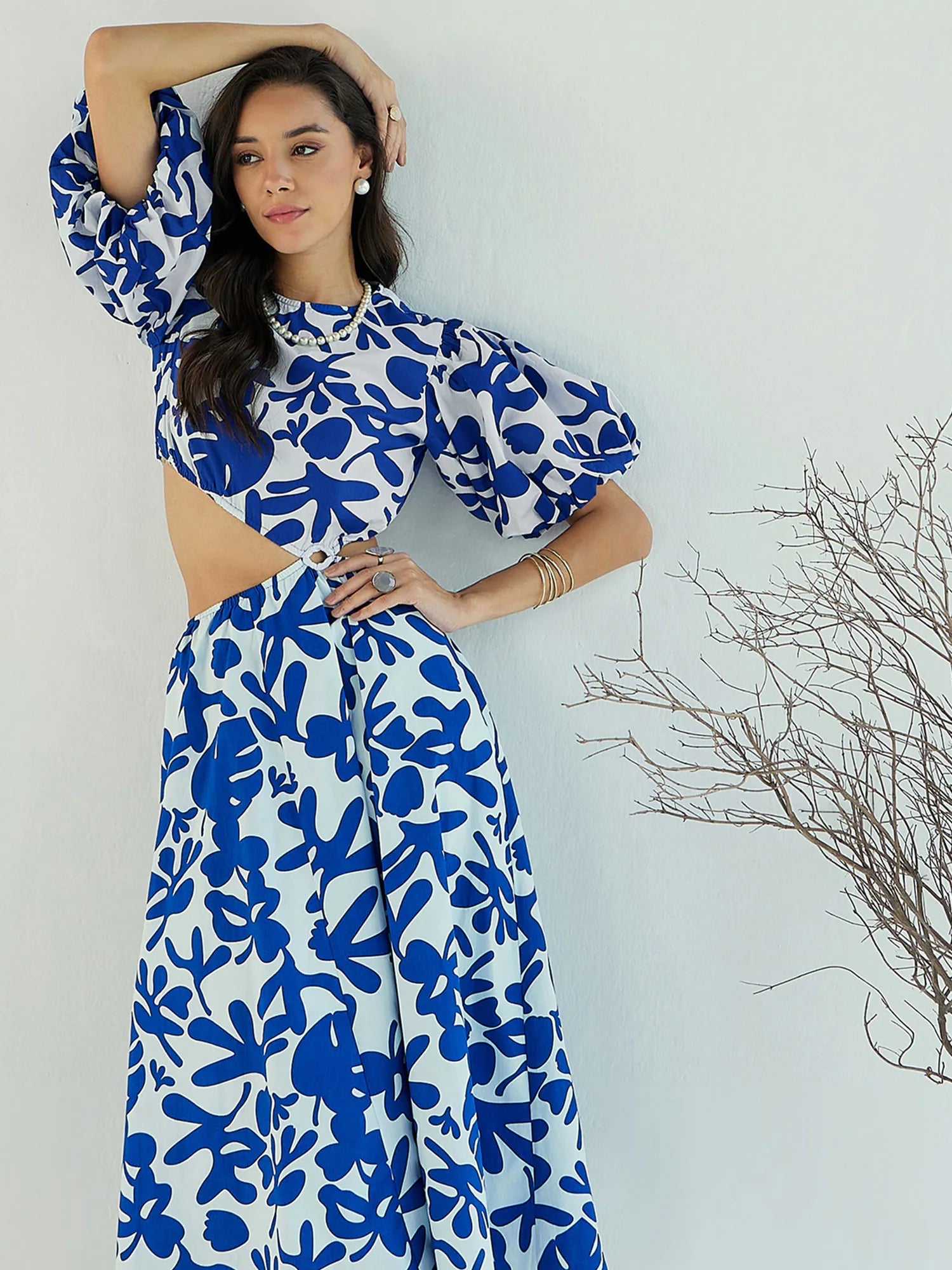 Women's Cozy Outfit For Lounging Women Blue & White Floral Side Cut Out Midi Dress-SFDRSS12437