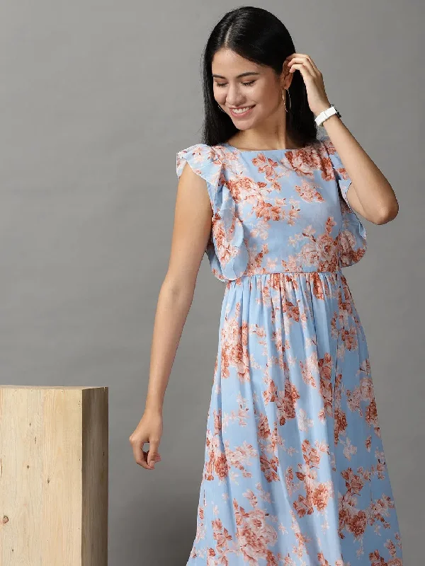 Women's Holiday Clothing Women's Blue Floral Fit and Flare Dress-AE-15731-Blue