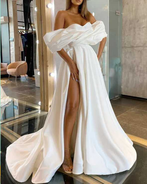 Charming Everyday Clothing For Women A-line Off The Shoulder Wedding Dress Satin With Slit  gh1929