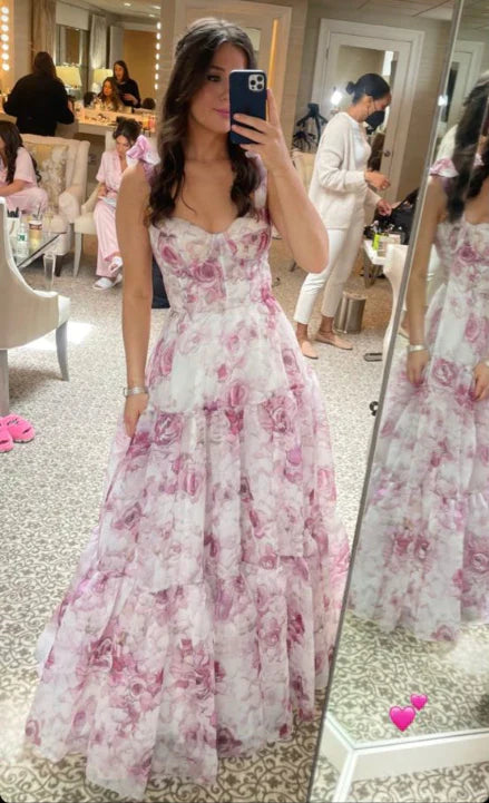 Women's Clothes For Work Pink sweet A-line floral print chiffon long elegant ball gown evening dress gh2794