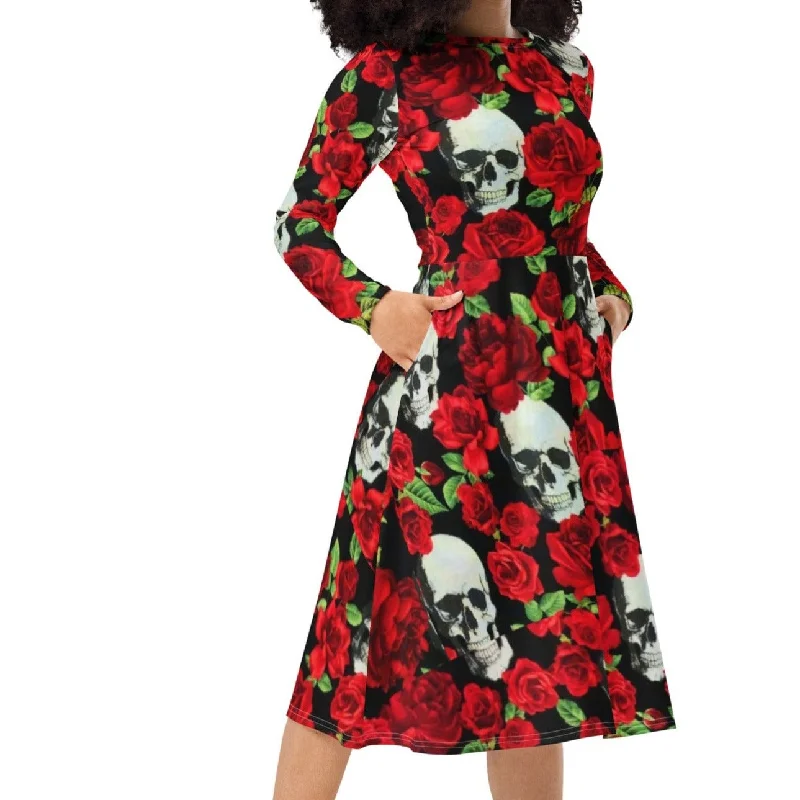 Women's Holiday Clothes Women's Skull Red Floral Roses Long Sleeve Midi Dress