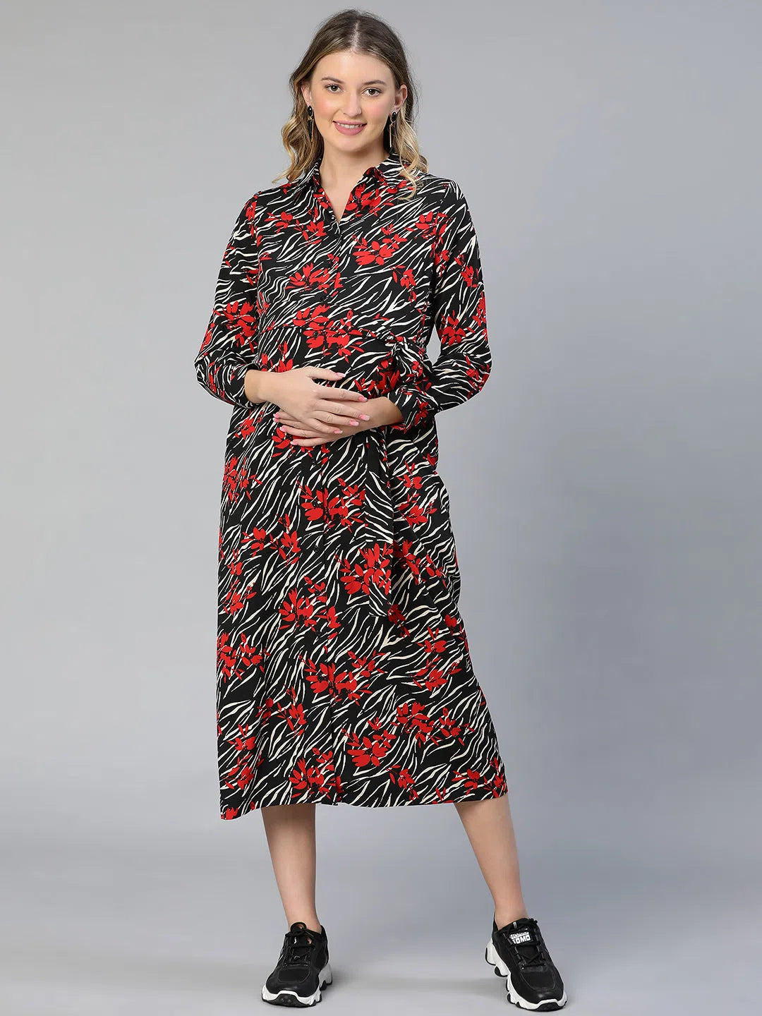 Affordable Luxury Women's Garments Women Floral Print Collared Belted Black Maternity Dress-S23292MADR01