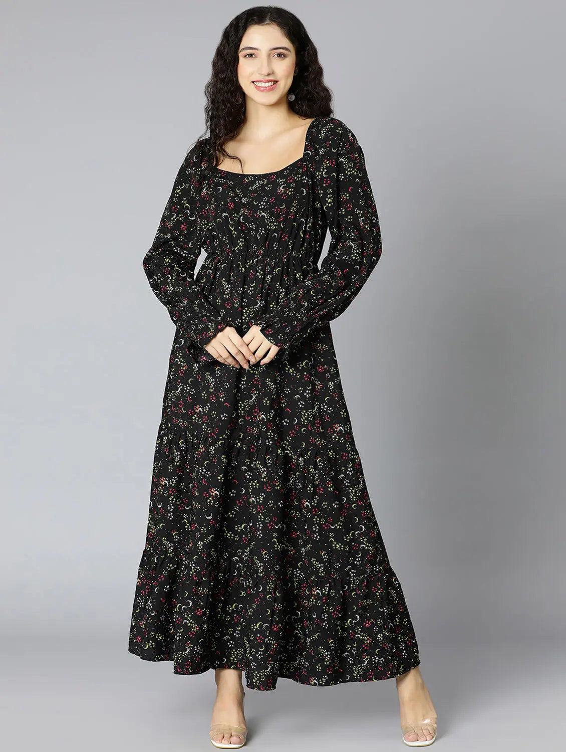 Women's Party Clothes Flared Blck Floral Print Women Long Dress