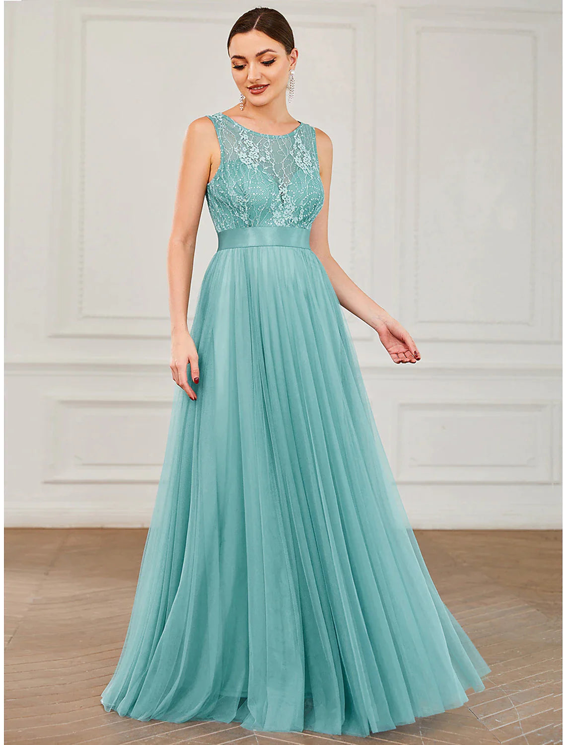 Women's Trendy Attire A-Line Prom Dresses Elegant Dress Wedding Guest Floor Length Sleeveless Tulle with Sequin