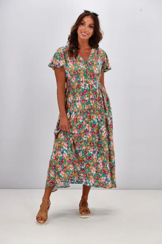 Women's Comfortable Lounge Attire Sunday Boho Kayela Midi Dress Floral Green