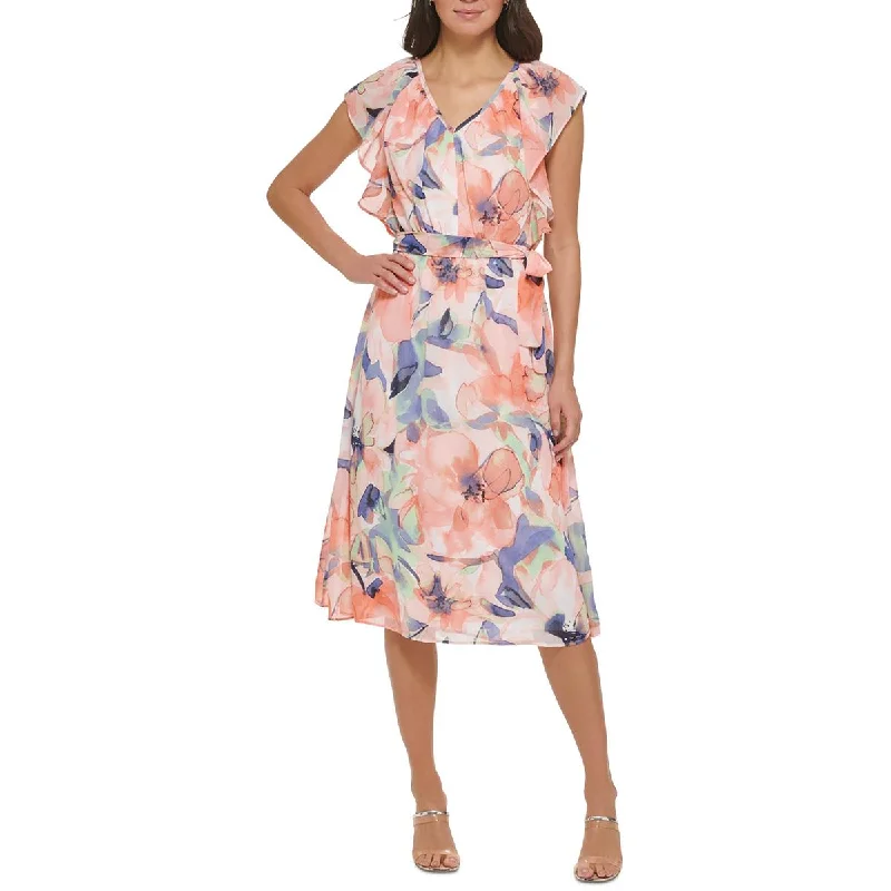 Vintage-Inspired Women's Clothes DKNY Womens Floral Print V-Neck Midi Dress