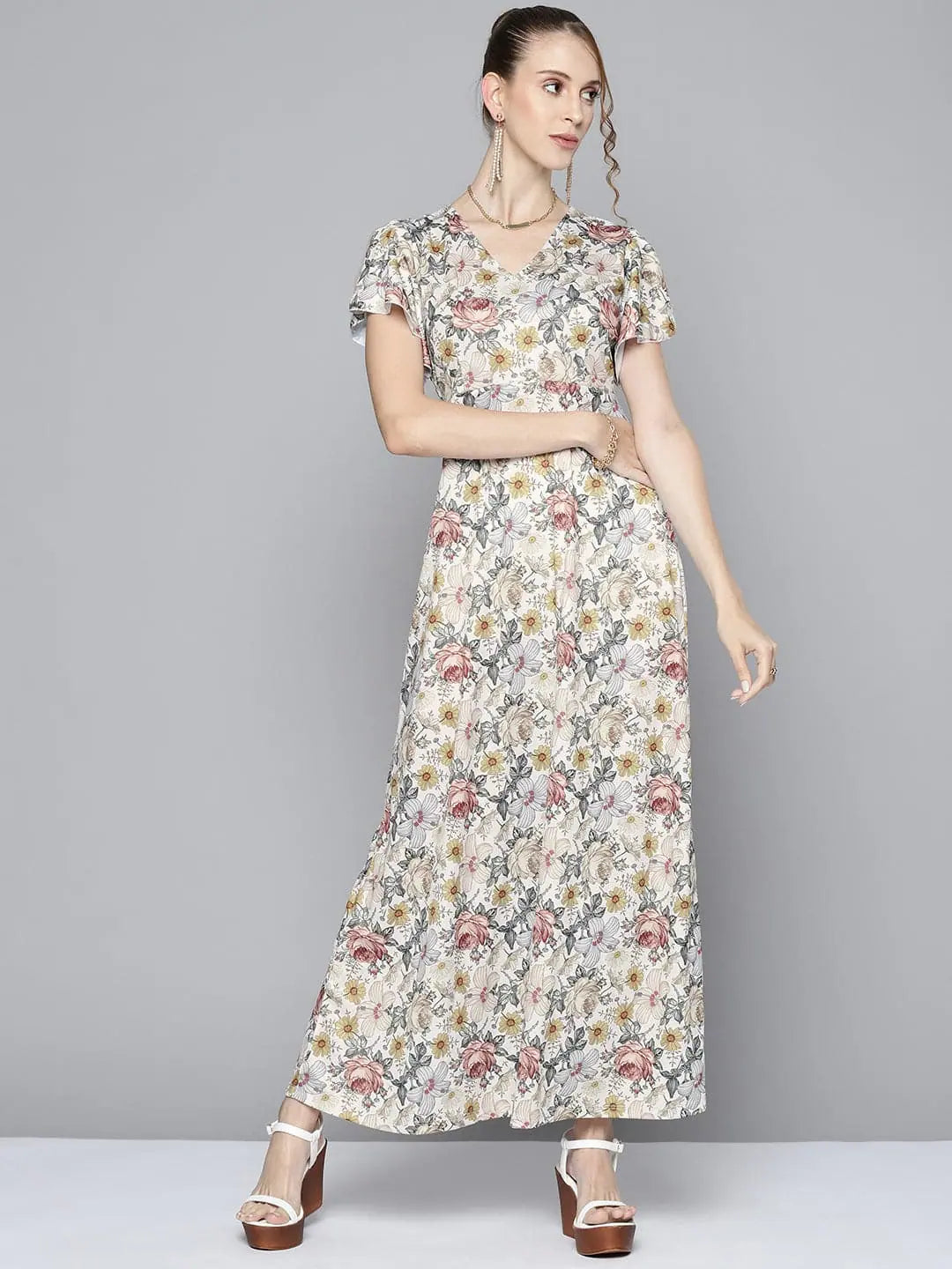 Women's Formal Event Attire Women Off White Floral Back Cut Out Maxi Dress