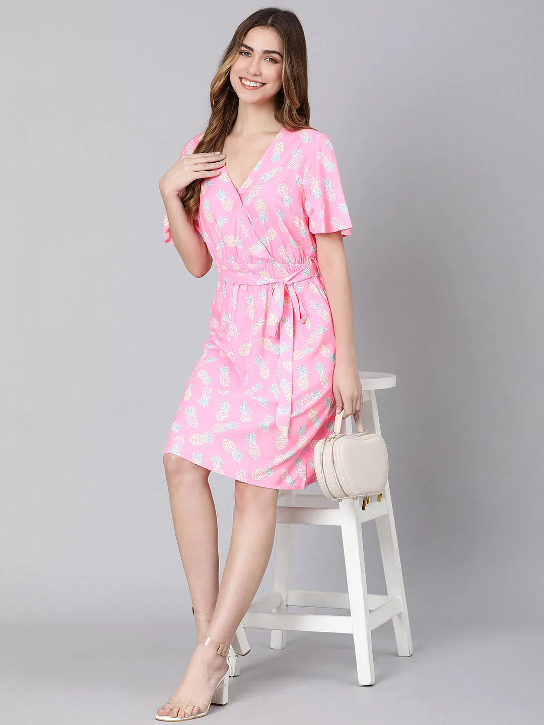 Casual Clothes For Women Barbie pink floral print tie-knotted women dress