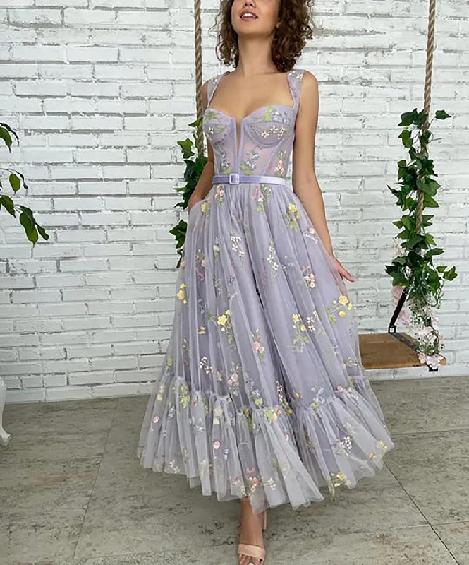 Women's Tops And Clothing Lilac Embroidery Flowers Tulle Prom Dress, Sweetheart Straps Tea-Length Tulle Ball Gown Wedding Dress, Fairy Prom Dress gh1820