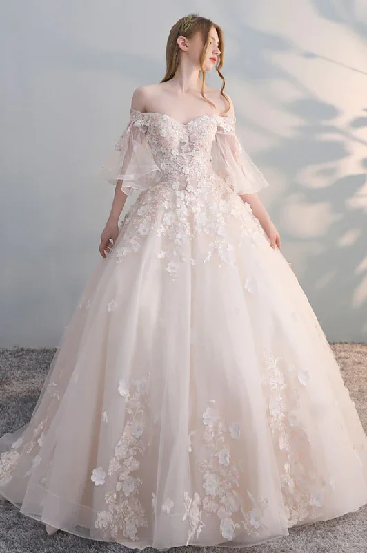 Comfortable Lounge Clothing Light champagne tulle lace applique long ball gown evening dress wedding dress gh2281