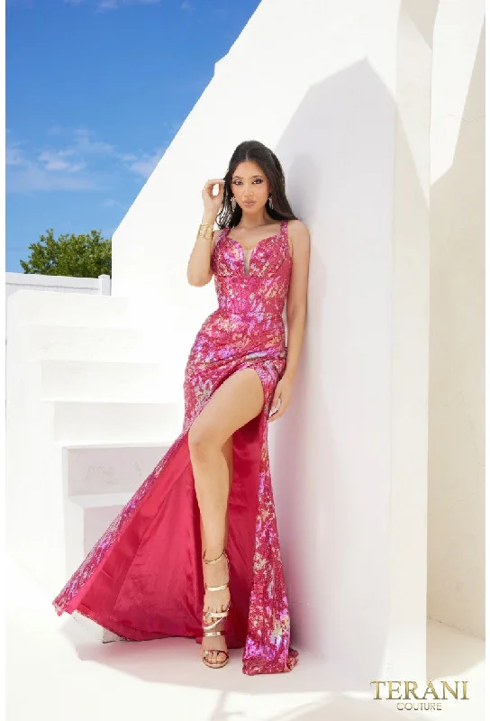 Women's Comfy Attire For Lounging Terani Couture 241P2269 Printed Formal Long Prom Slit Gown