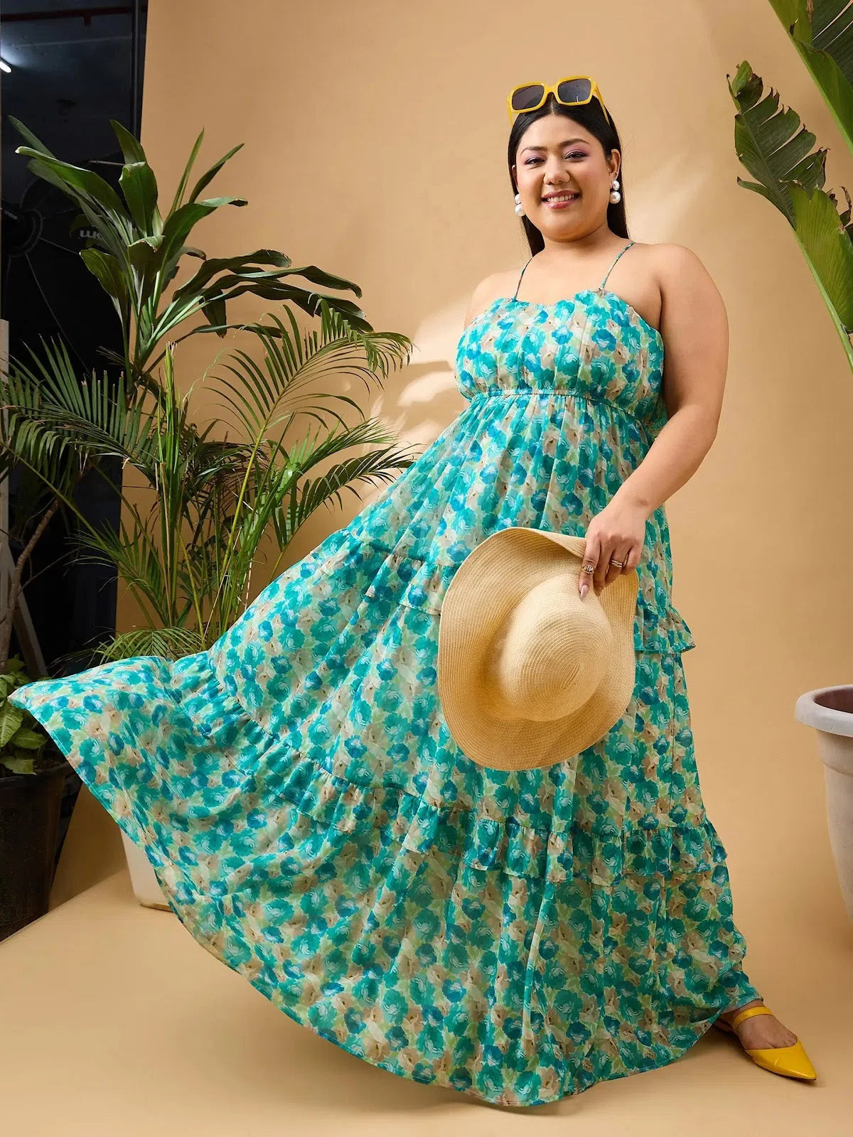 Women's Luxury Garments Women Green Floral Strappy Maxi Dress