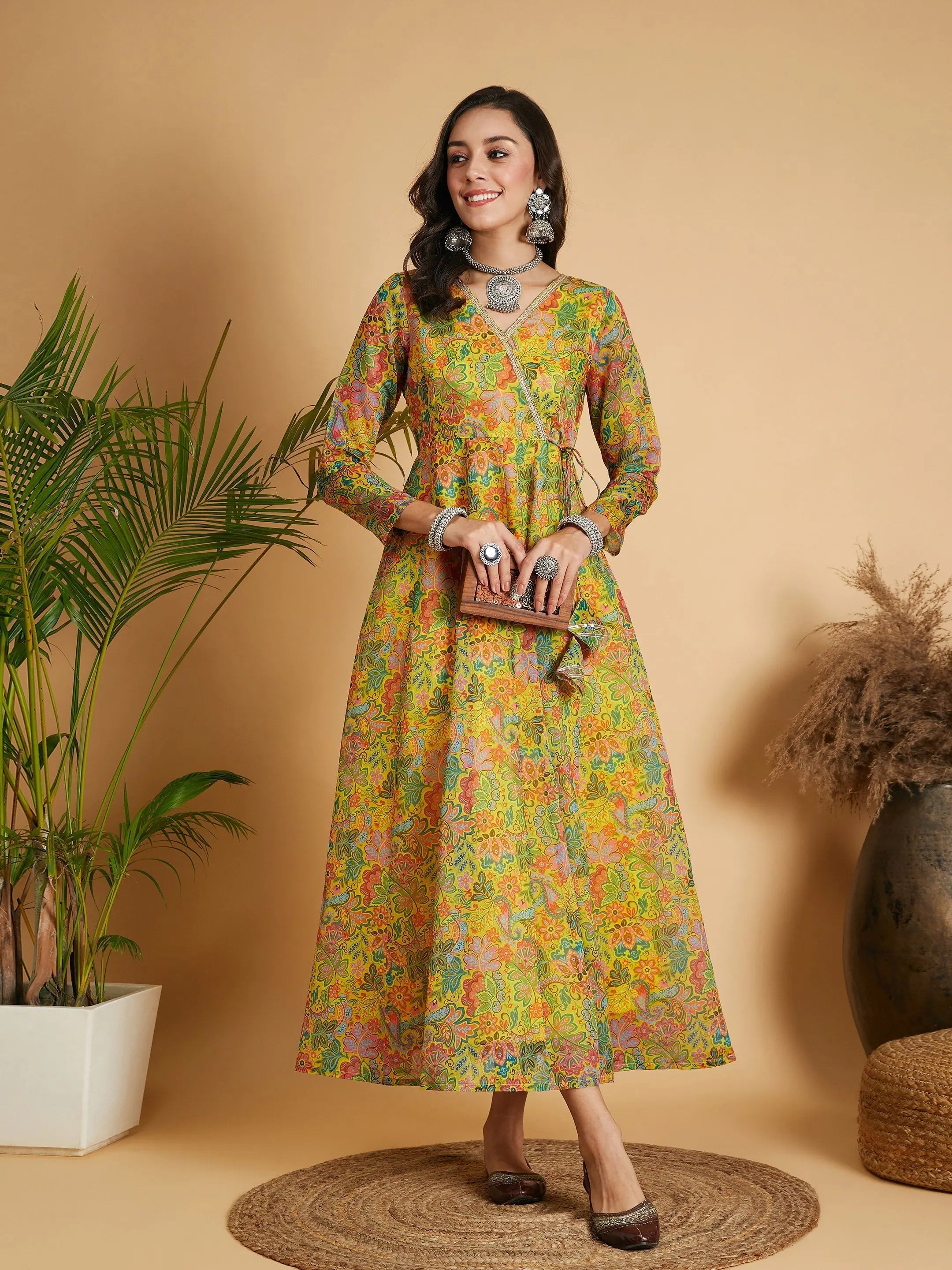 Women's High-Fashion Apparel Women Lemon Yellow Floral Anarkali Maxi Dress