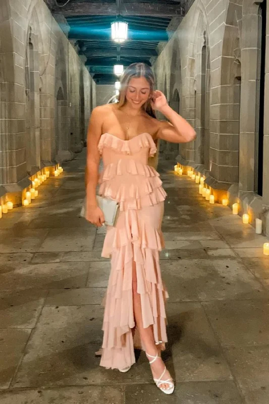 Women's Evening Clothes Pink Chiffon Ruffles Long Flowing Elegant Evening Dress Wedding Guest Party Dress Holiday Party Dress gh3138