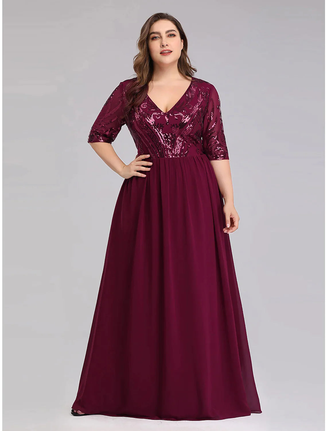 Affordable Women's Attire A-Line Prom Dresses Plus Size Dress Wedding Guest Floor Length Half Sleeve Plunging