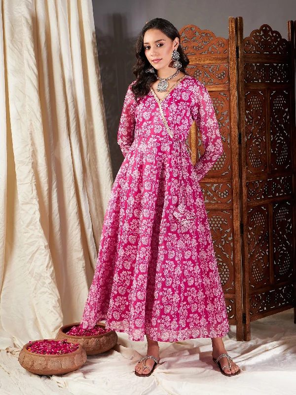 Women's Clothing For Travel Women Pink Floral Wrap Anarkali Dress