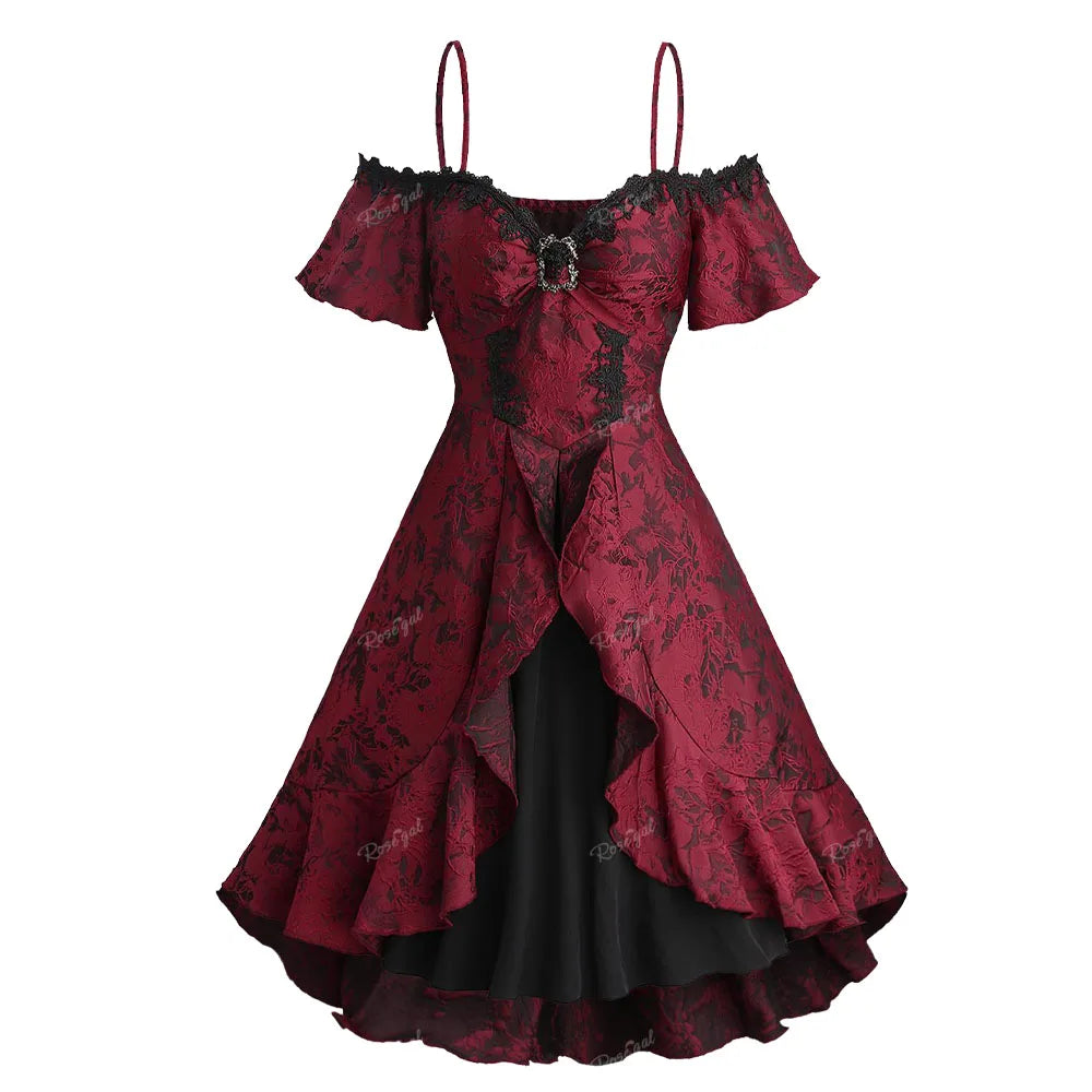 Women's Sports Apparel Gothic Cold Shoulder Dress Floral Jacquard Buckle For Women