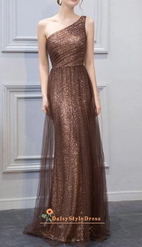 Women's Outerwear Garments Fitted One Shoulder Coffee Sequins Wedding Party Dress