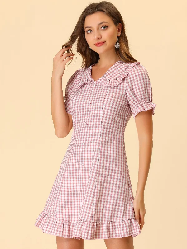 Chic Women's Garments Gingham Checks Ruffled Peter Pan Collar 1960s Vintage Mini Dress