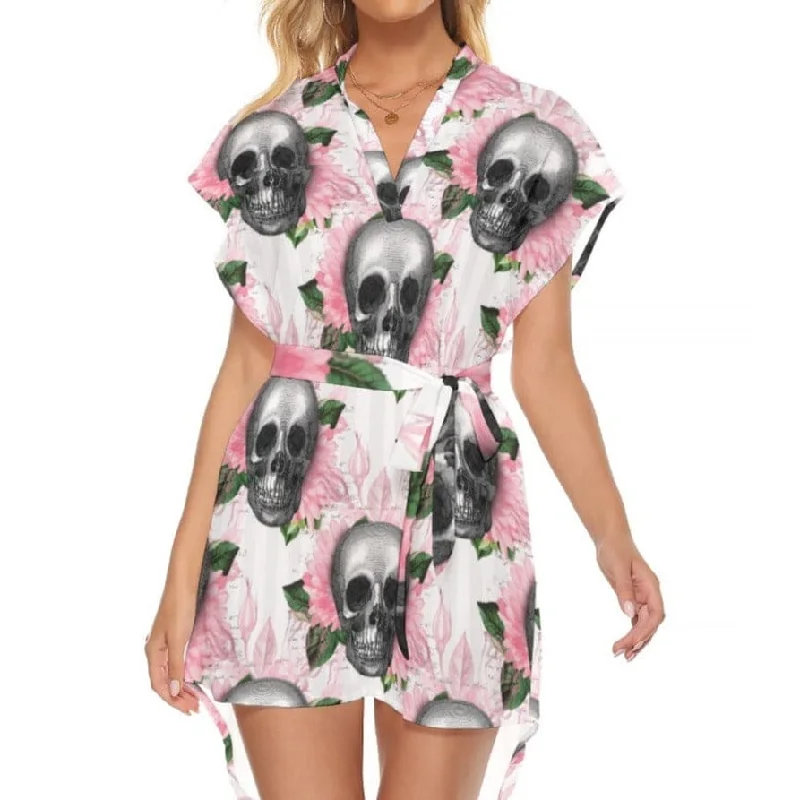 Stylish Women's Outerwear Apparel Women's Pink Floral Skull Standing Collar Dress With Belt