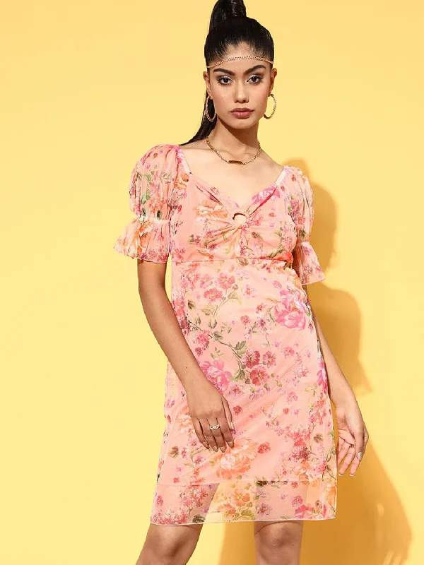 Women's Clothing Apparel Sets Women Pink Floral Mesh Off Shoulder Ring Dress