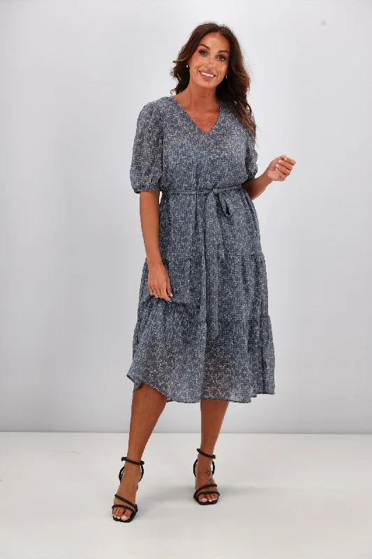 Women's Vacation Attire Gloss by Shine On Kaylee Puffed Sleeve Dress Check Floral Chiffon Blue