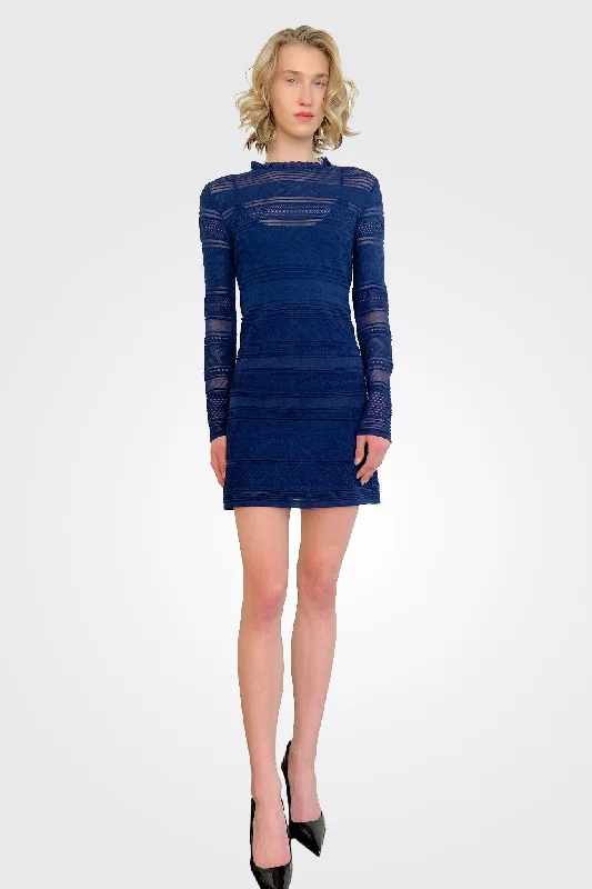 Women's Casual Wear Outfit Long Sleeve Mini Dress - Navy