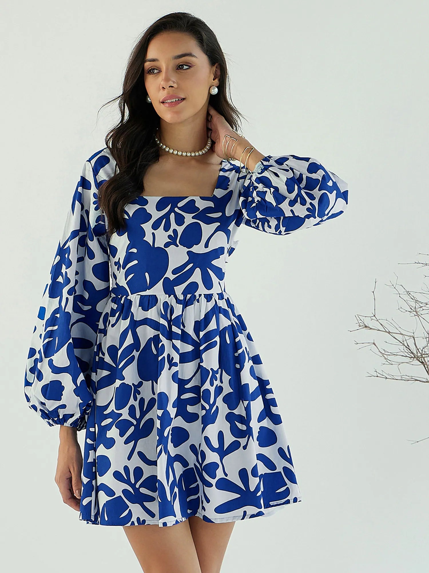 Women's Weekend Outfit Women Blue & White Floral Back Tie Knot Dress-SFDRSS12443