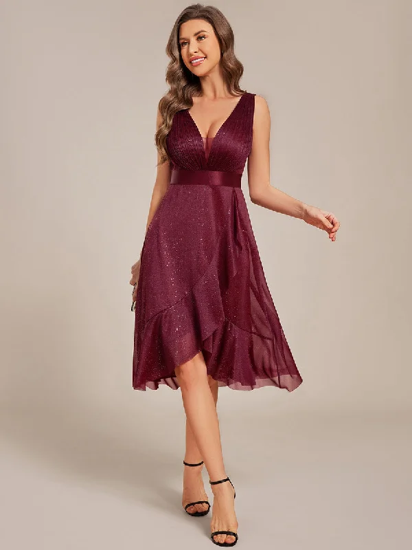 Women's Wardrobe Apparel Strapless V-Neck See-Through Shimmer Dress with Asymmetrical Hem Wedding Guest Dress