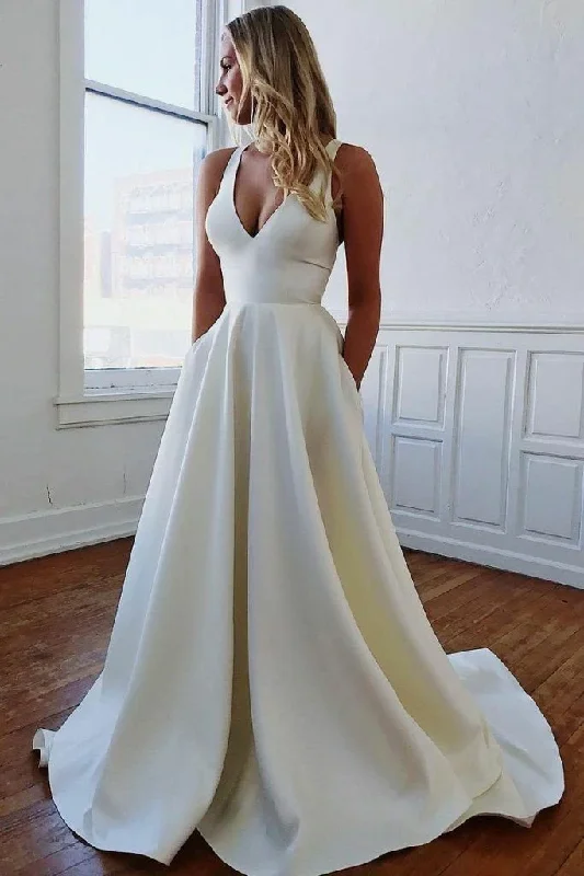 Women's Clothes And Apparel Sets White fashion backless satin A-line long elegant trailing back bow ball gown evening dress wedding dress gh1148