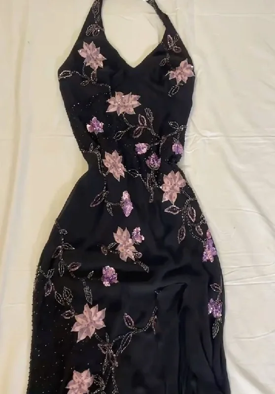 Women's Professional Apparel Black gorgeous shiny exquisite beaded purple floral long halter elegant satin ball gown evening dress party dress gh3176