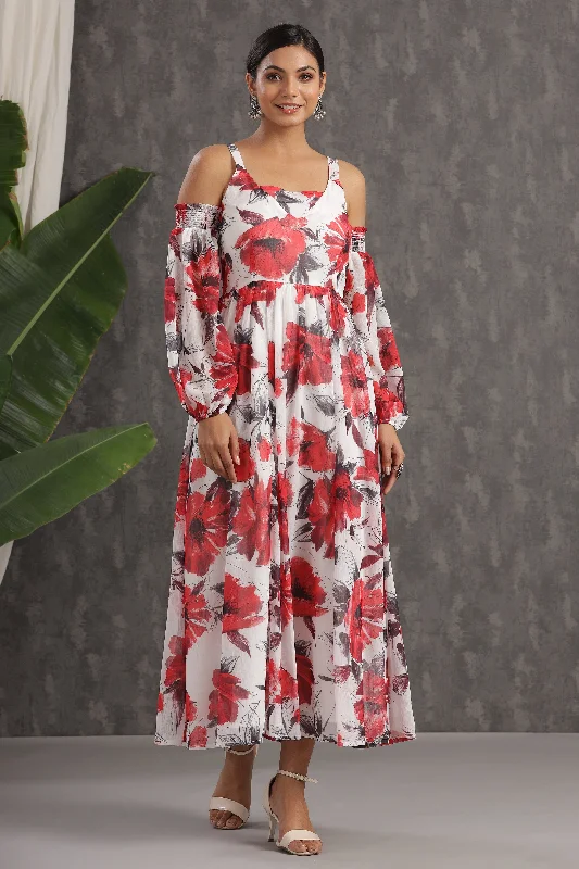 Women's High-Fashion Outfit Juniper White Floral Printed Chiffon Maxi Dress With Adjustable Straps & Cold Shoulder