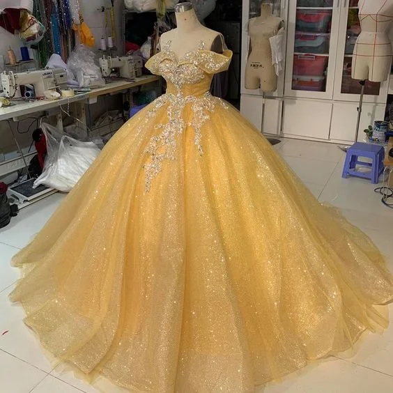 Women's High-End Clothing Yellow applique shiny sweet 16-year-old long Belle princess dress prom dress evening dress party dress wedding dress gh926