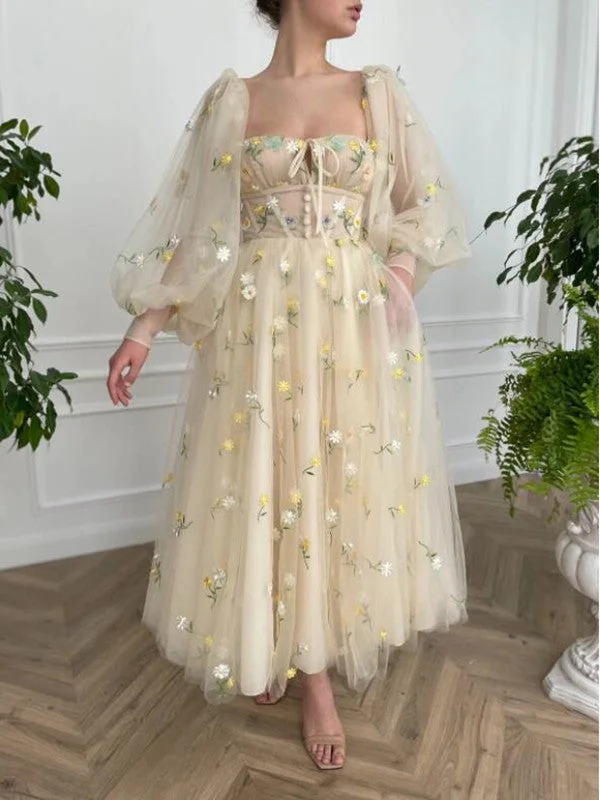 Comfortable Women's Attire Long Sleeves Popular Flower Long Prom Dresses, 2022 Girl Evening Party Dresses, Wedding Dresses