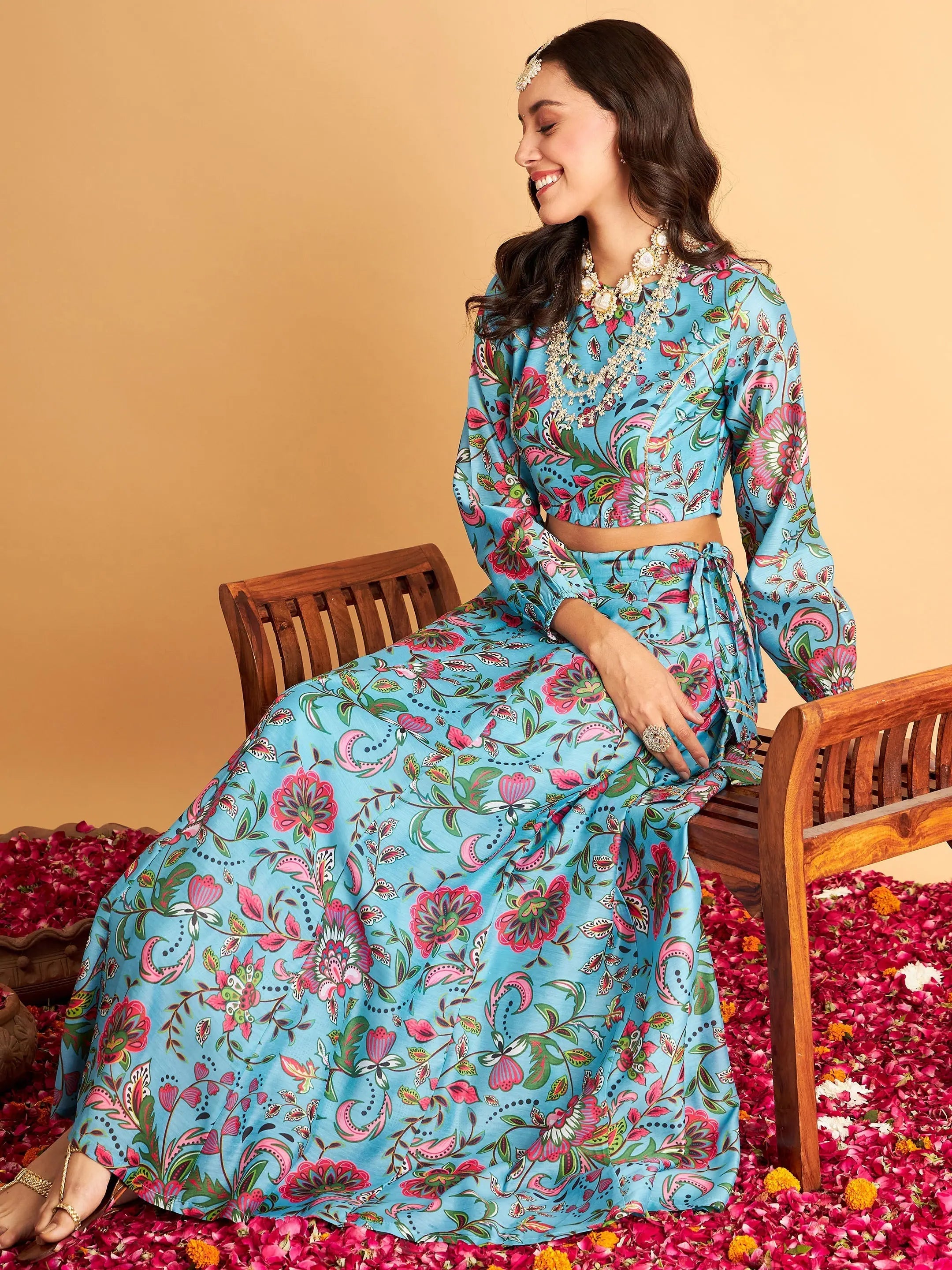 Women's Elegant Clothing Sets Women Blue Floral Anarkali Skirt With Crop Top