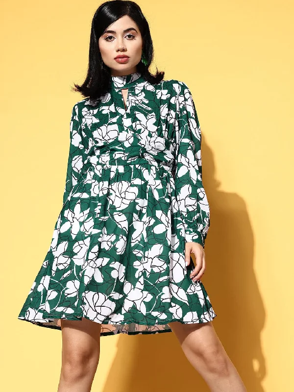 Women's Seasonal Apparel Women Emerald Green & White Floral Cuff Sleeves Dress