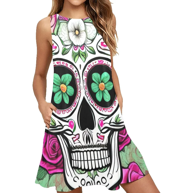 Women's Evening Clothes Skull Pink Floral Loose Women's Sleeveless A-Line Pocket Dress