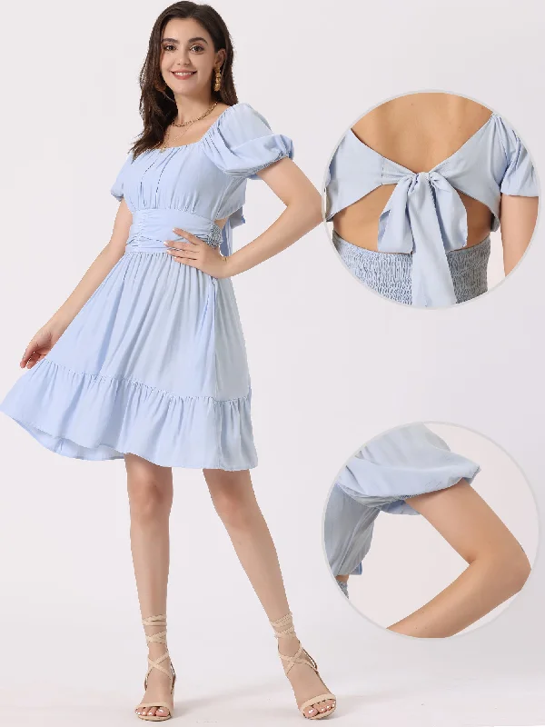 Women's Wedding Apparel Smocked Summer Casual Bow Tie Back Ruffle A-Line Mini Dress