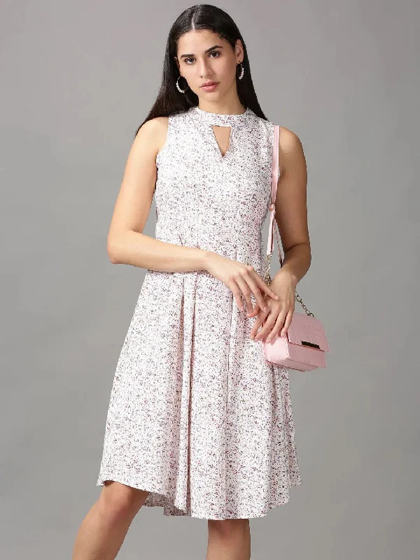 Women's Outfit Women's White Floral Fit and Flare Dress-AE-15707-White