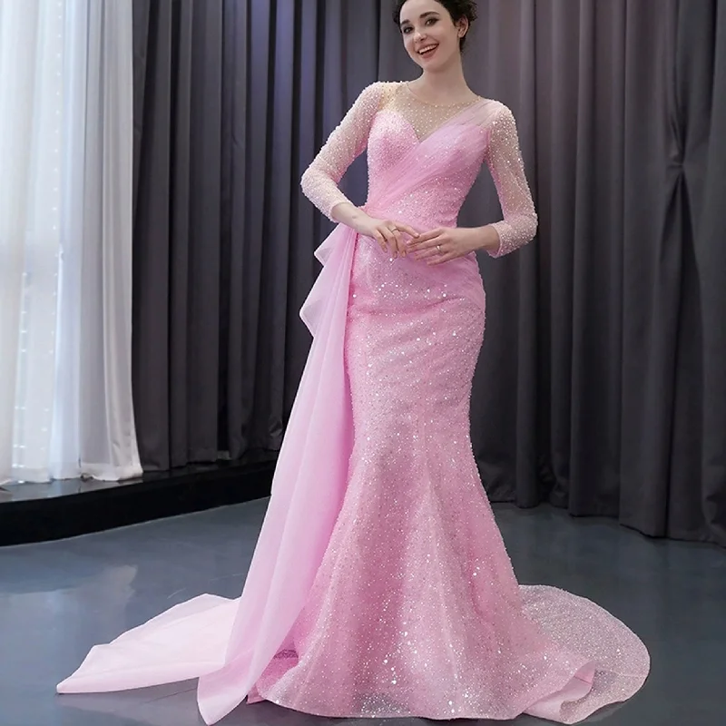 Women's Luxury Attire Stylish Beaded Long Sleeve Pink Pageant Gown Mermaid Wedding Dress