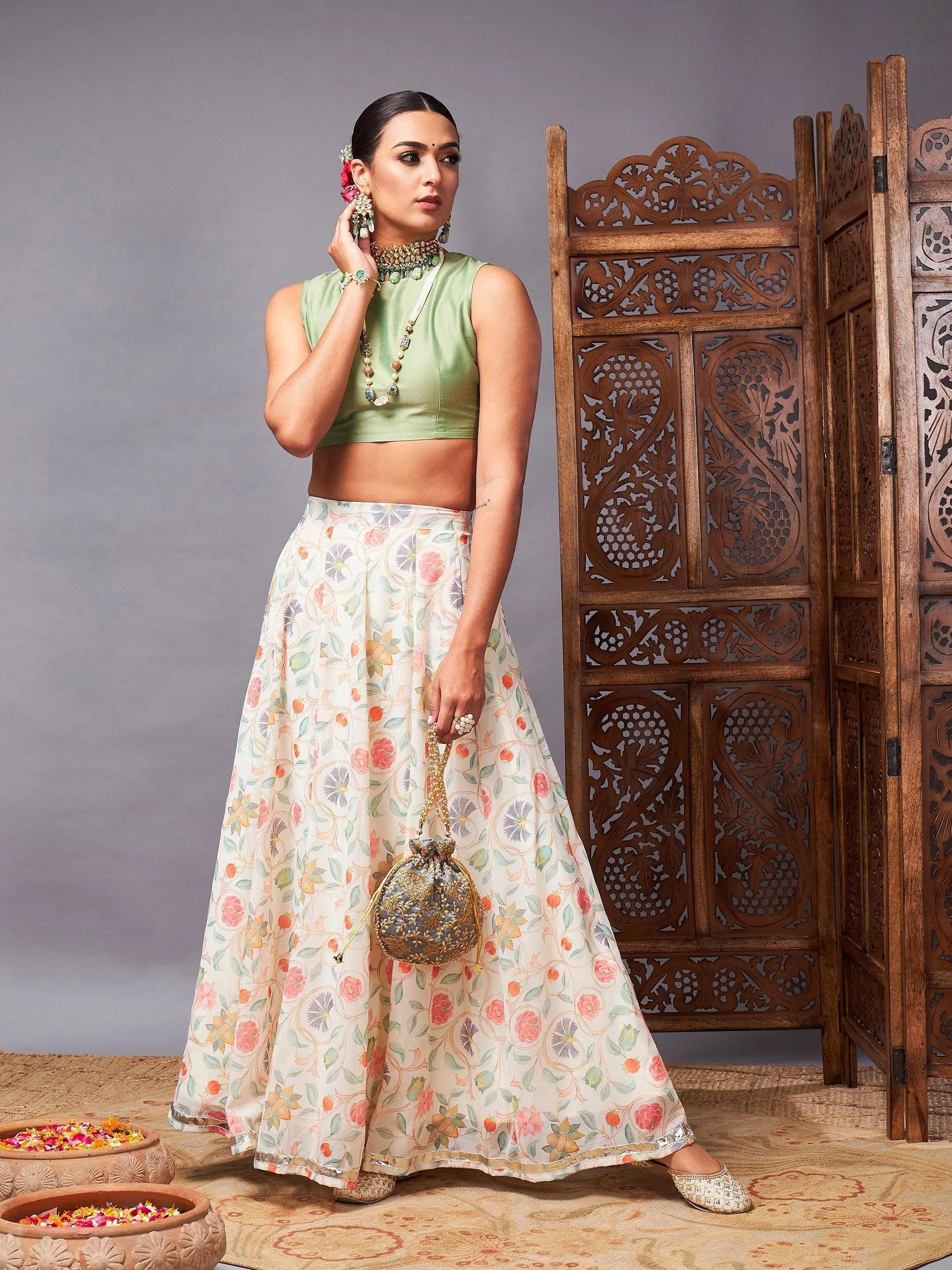 Women's Clothes For Outdoor Events Women Green Crop Top With Beige Floral Anarkali Skirt