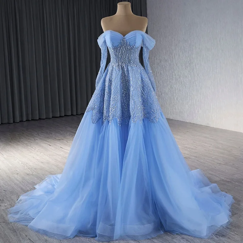 Women's Festive Attire Sky Blue Wedding Dress Long Sleeve Off the Shoulder Formal Dress