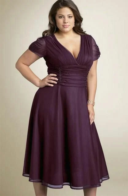 Women's Classic Attire Tea Length Purple Plus Size Wedding Guest Dress