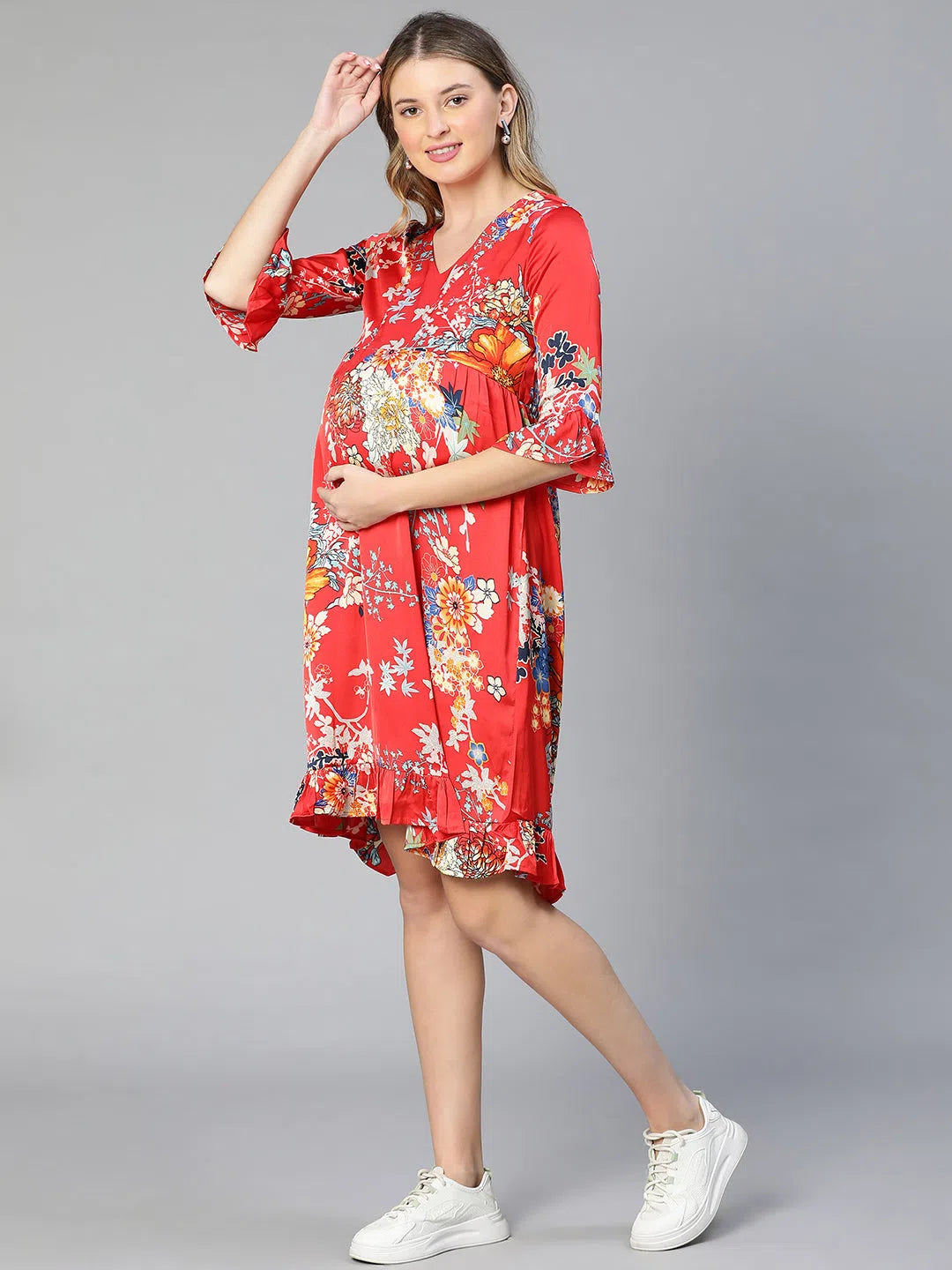 Women's Stylish Professional Garments Women Floral Print Ruffled V-Neck Red Maternity Dress-S23290MADR01