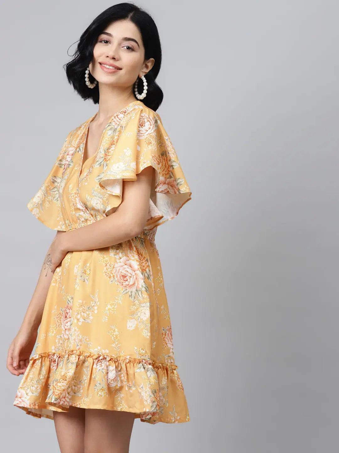 Stylish Women's Outfit Mustard Floral Wrap Fit & Flare Dress