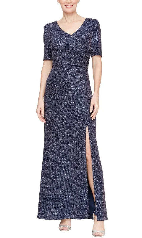 Women's Chic Outfit Alex Evenings 8127851 - Short Sleeve Metallic Knit Formal Gown